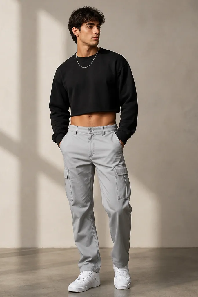 A man wears light gray cargo pants and a black cropped sweatshirt ending above the waistband. He has a thin chain necklace and white sneakers. The front shows a clean waist line.