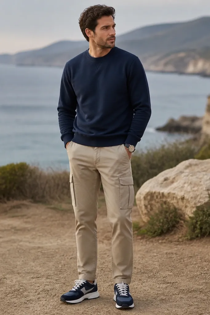 A man stands outdoors wearing sand-colored cargo pants and a navy crewneck sweatshirt. He's wearing navy-and-white sneakers and a simple wristwatch.