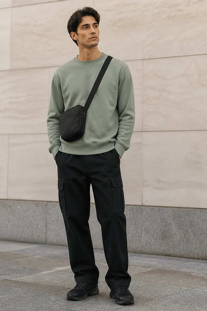 A man wears black cargo pants with a straight leg and a heather green crewneck sweatshirt. He has black sneakers and a small crossbody bag. The green looks muted, not neon.