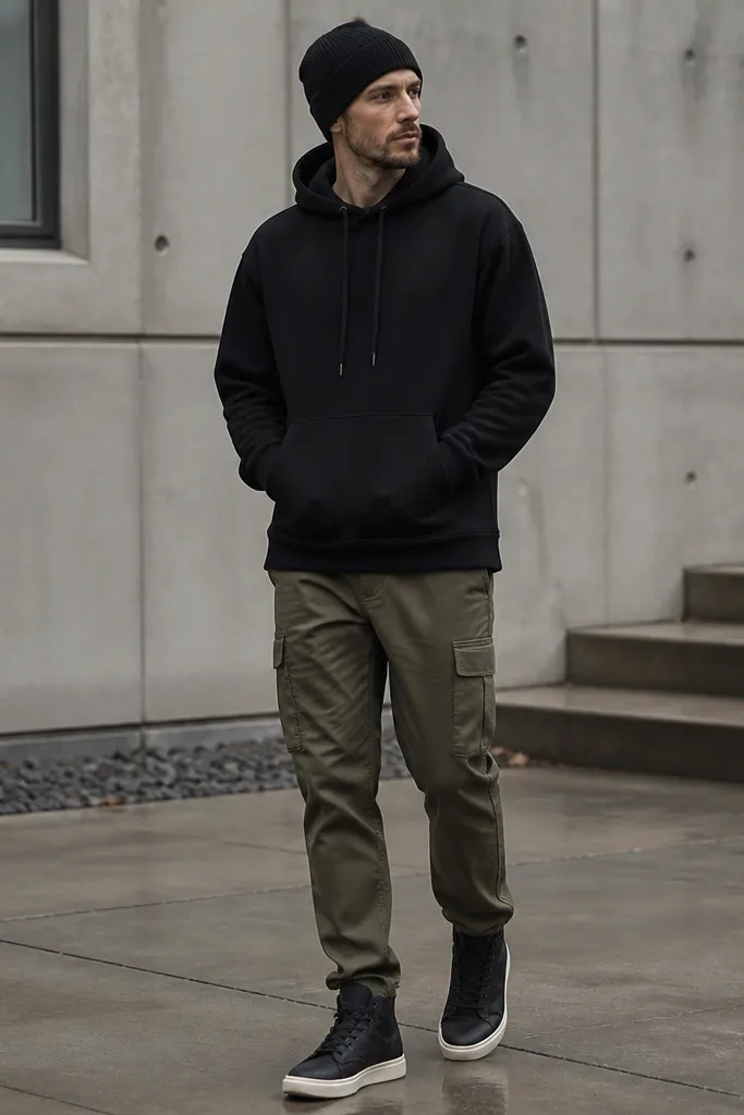 A man wears olive cargos, a black hoodie, and black boots with a white sole. The hoodie is untucked and hits at mid-hip. He has a dark beanie.