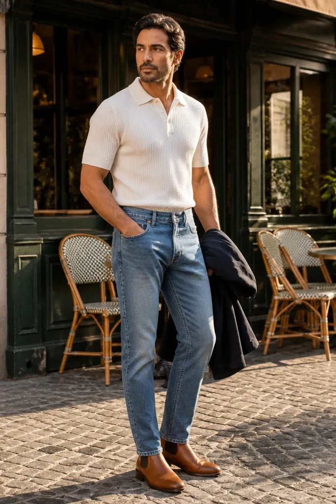Man in cream knit polo shirt, medium-wash straight jeans, and tan smooth leather Chelsea boots. A camel overcoat is draped over his shoulders in the photo, with the boots centered and the jeans showing a straight line down to the sole.