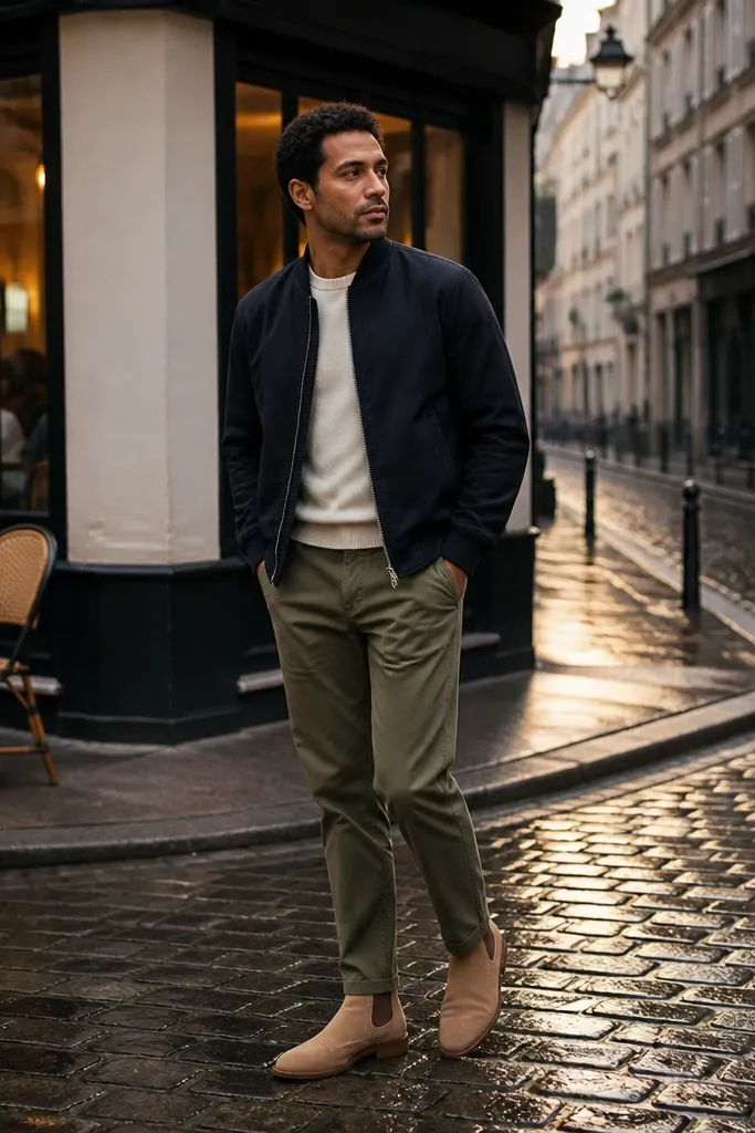 Man standing outdoors wearing a navy bomber jacket, olive chinos, and tan suede Chelsea boots. The photo shows the elastic gussets clearly, and the jacket hem sits around the waistband.