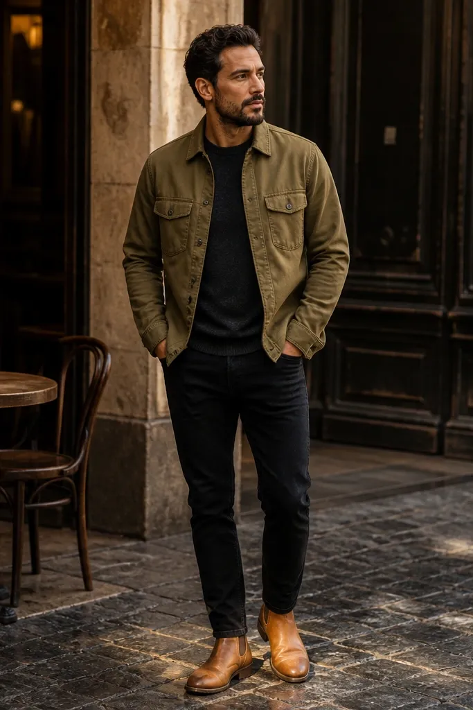 Man wearing an olive brushed-cotton overshirt over a black long-sleeve tee, black straight jeans, and tan leather Chelsea boots. The overshirt is buttoned halfway, showing a layered neckline and the boot toe shape.