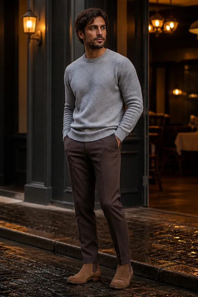 Man wearing a light gray crewneck sweater, dark brown tailored trousers, and tan Chelsea boots. The photo shows the trousers breaking slightly above the boot and a belt in dark brown leather.