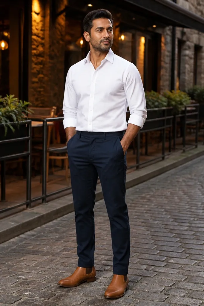 Man in a crisp white button-down shirt with sleeves rolled to mid-forearm, navy chinos, and tan Chelsea boots. The shirt is tucked neatly, and the boots are shown with a clean ankle break.