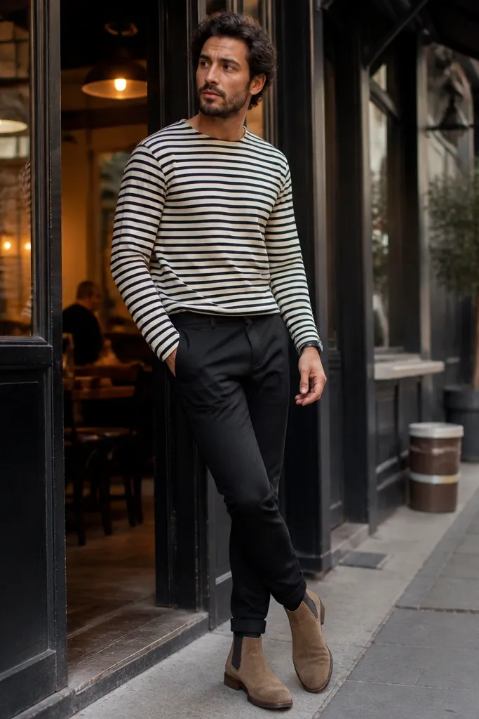 Man wearing a thin black-and-cream striped long-sleeve tee, black jogger-style chinos with a tapered ankle, and tan suede Chelsea boots. The photo shows the boots under tapered cuffs and the elastic gussets.
