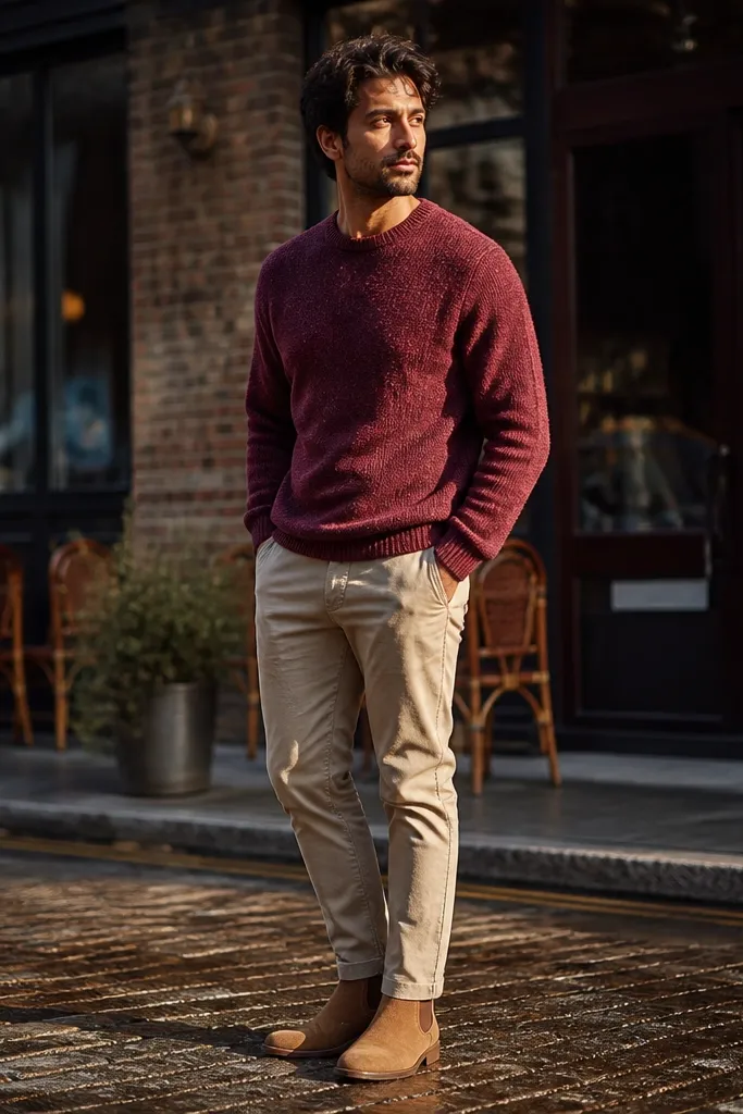 Man wearing a burgundy knit sweater, light khaki chinos, and tan Chelsea boots. The photo has a warm indoor light, showing the sweater texture and the boots' tan tone.