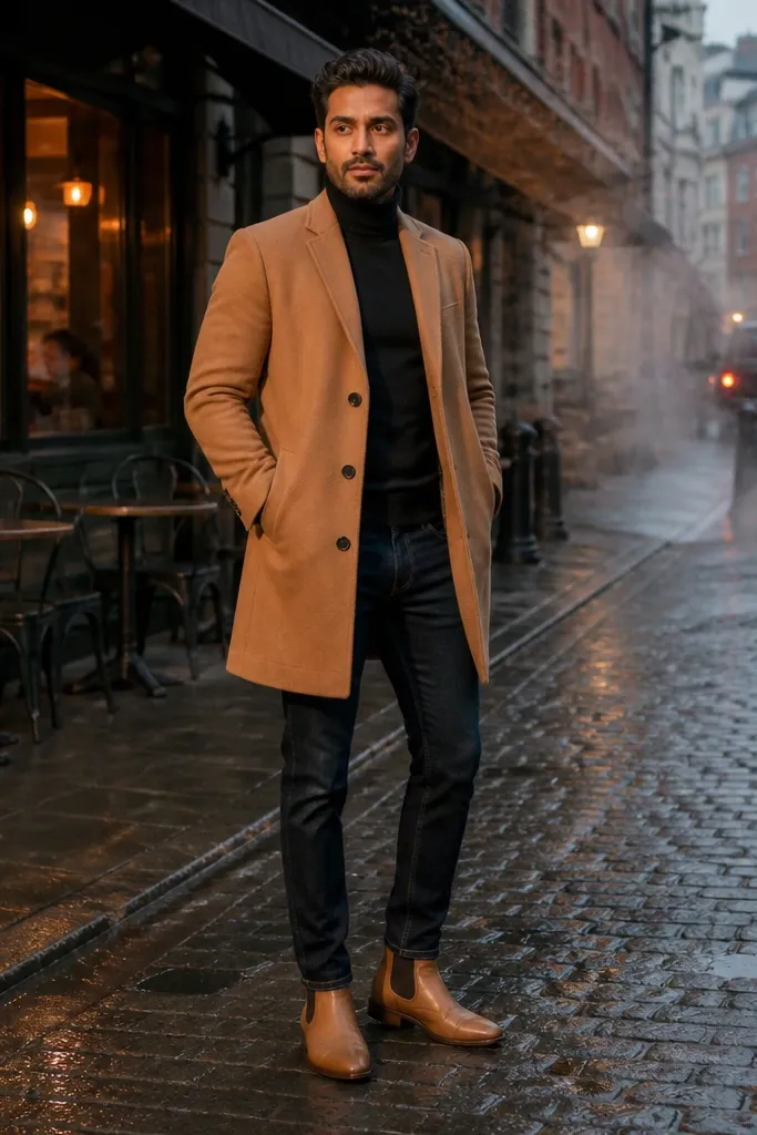 Man wearing a camel overcoat over a black turtleneck, dark-wash jeans, and tan Chelsea boots. The overcoat reaches mid-thigh and the boots show a clean ankle break beneath the jeans.