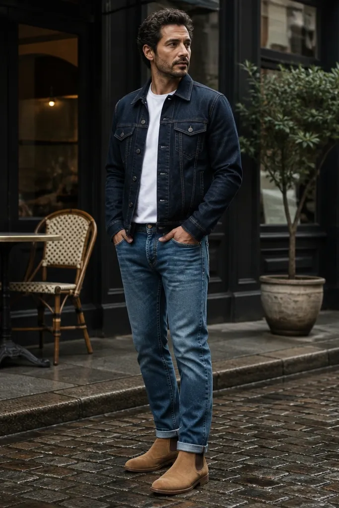 Man wearing a medium-blue denim jacket over a white tee, mid-wash jeans, and tan Chelsea boots. The boots are the only tan element, and the photo shows the denim jacket cuffs near the wrist.