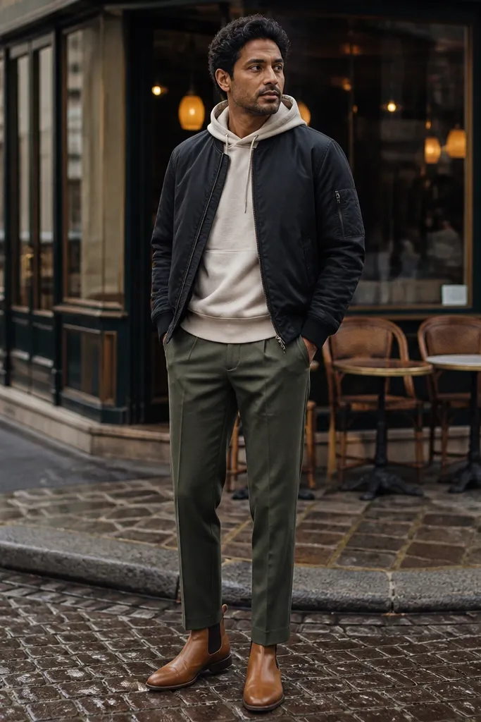 Man wearing a black bomber jacket, oatmeal hoodie, olive trousers, and tan Chelsea boots. The hoodie is visible at the collar and the trousers have a clean crease down the front.