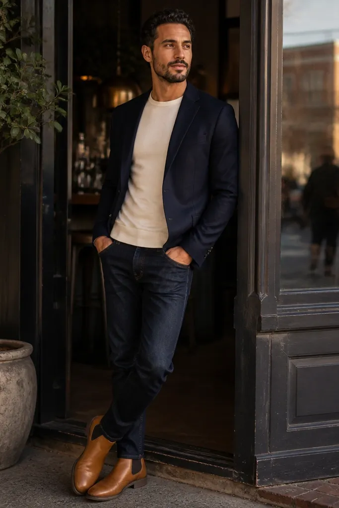 Man wearing a navy blazer over a cream crew tee, dark jeans, and tan Chelsea boots. The blazer has a slim fit and the jeans break cleanly above the boot.