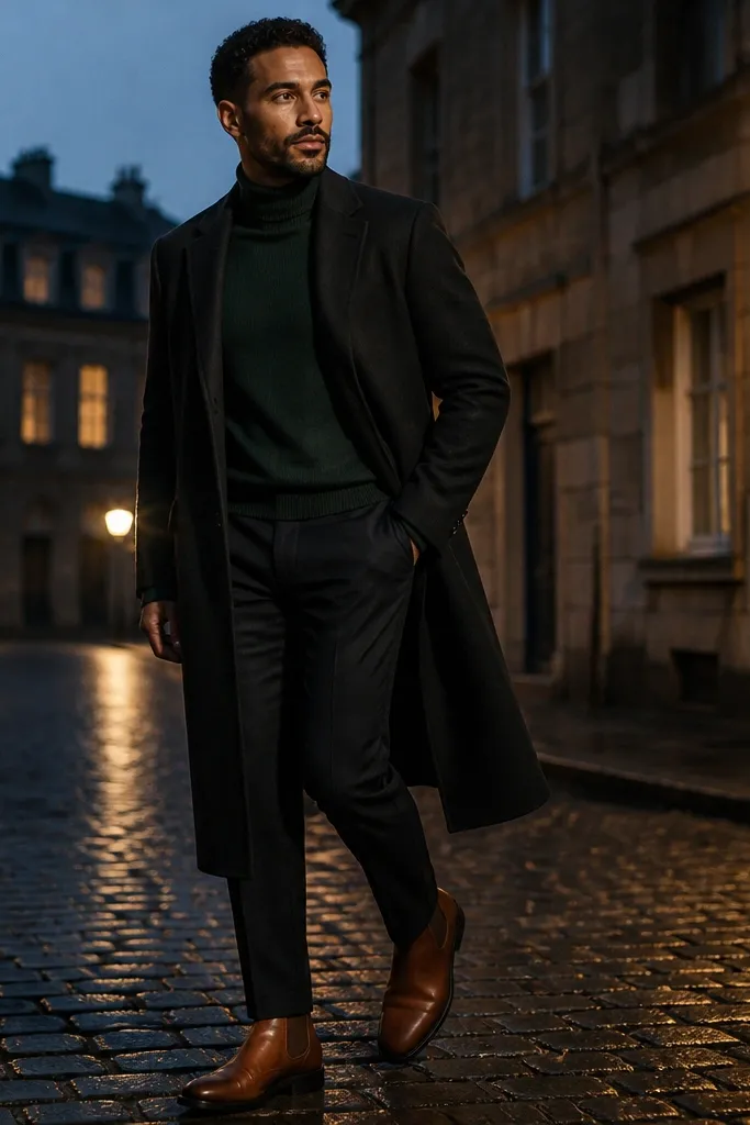Man in a forest green turtleneck, black overcoat, black trousers or dark jeans, and tan Chelsea boots. The turtleneck collar sits snug and the boots are visible under the hem.