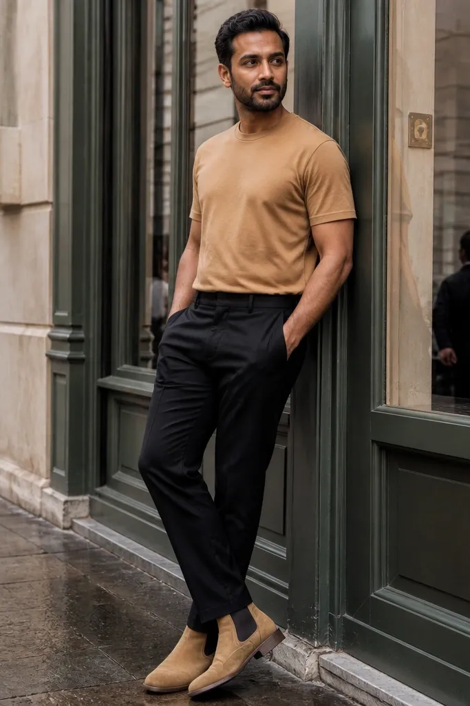 Man wearing a camel t-shirt, black straight trousers, and tan Chelsea boots. The photo shows the trousers falling straight with a clean break and the boots forming a warm base against the black fabric.