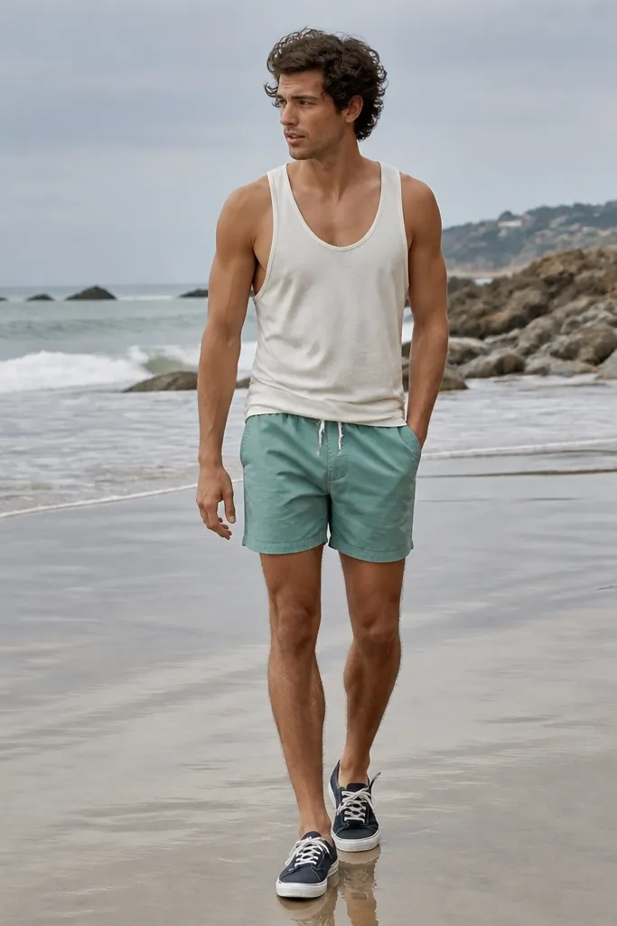 A man wearing a cream tank with sea-green swim trunks and navy low-top canvas sneakers, standing near the shoreline with wet sand.