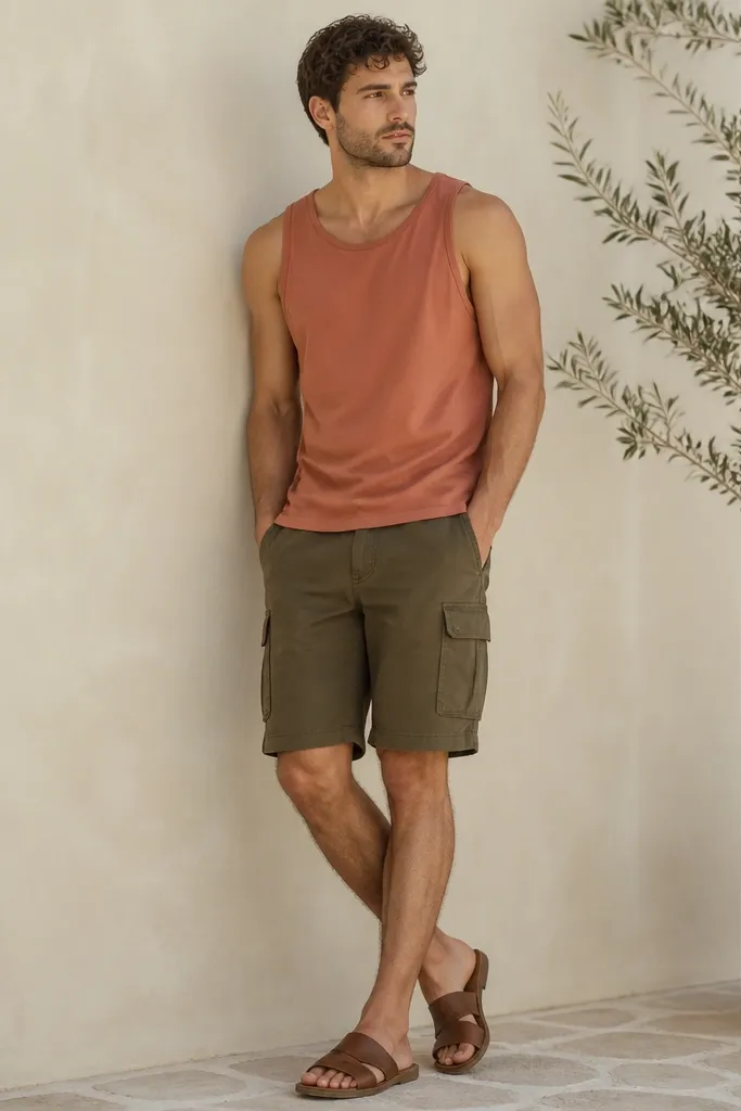 A man wearing a terracotta tank with dark olive cargo shorts, plus brown leather slides. The cargo has visible pockets and a relaxed fit.