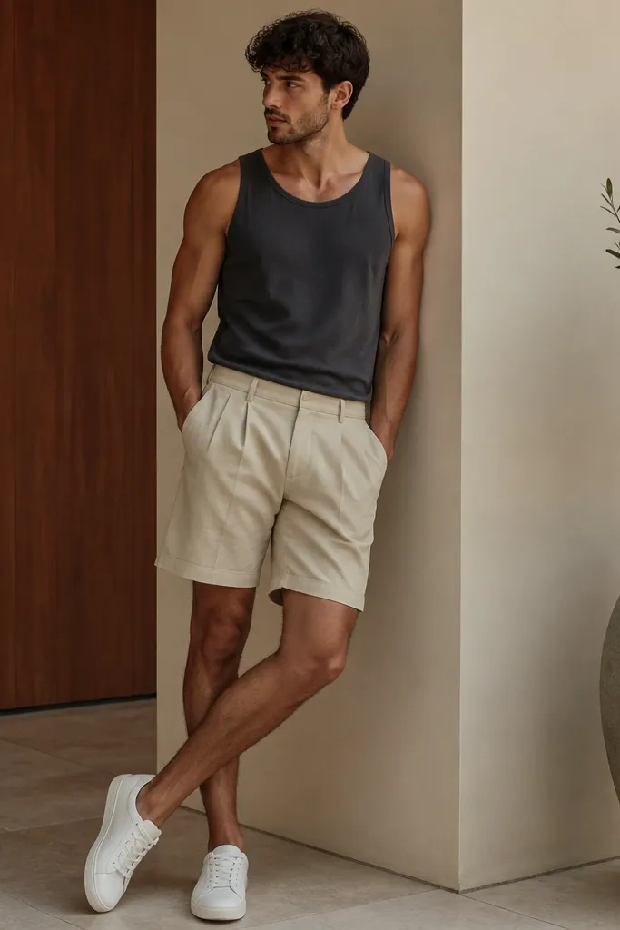 A man in a charcoal tank paired with light khaki pleated shorts and clean white low-top sneakers. The pleats are visible in the front.