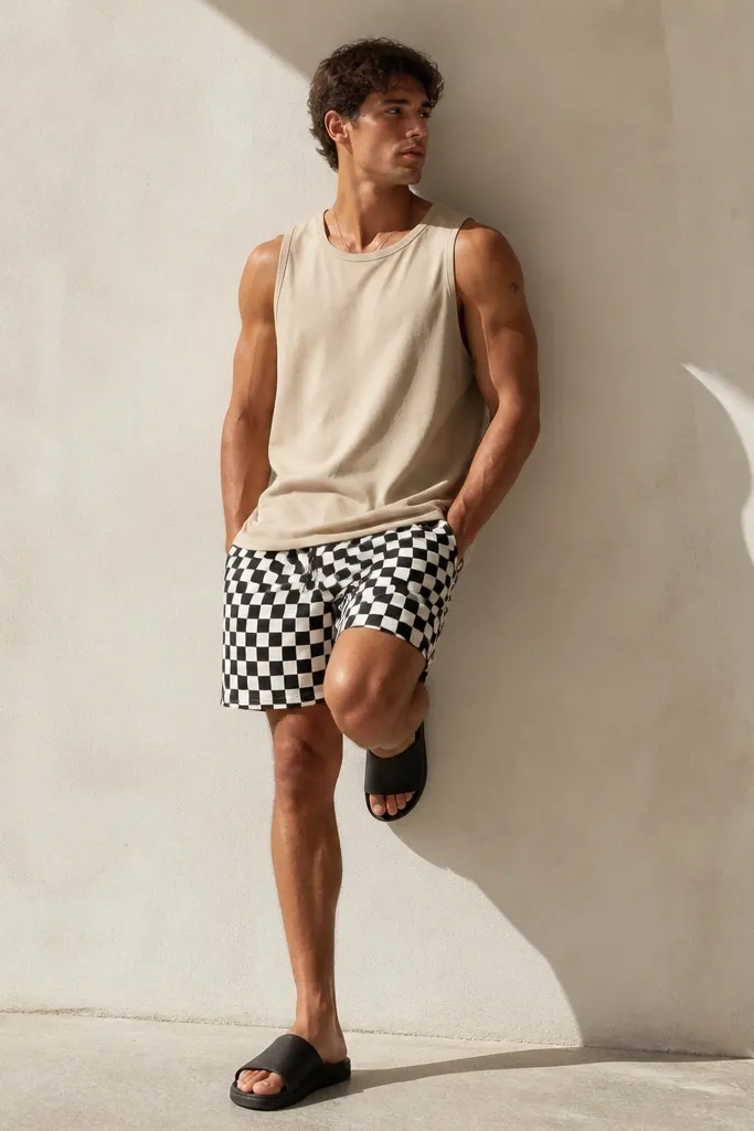 A man wearing a sand-colored tank with black-and-white check shorts and black slides, photographed against a bright sunlit wall.