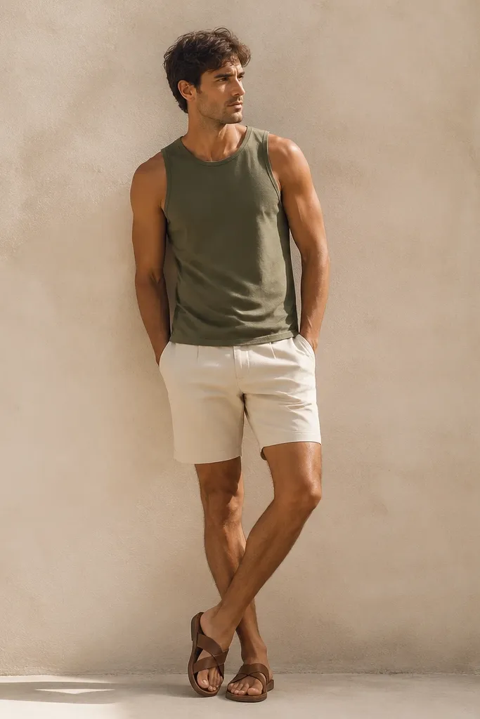 A man wearing an olive tank with coconut-beige poplin shorts and brown leather sandals. The shorts have a slightly crisp look.