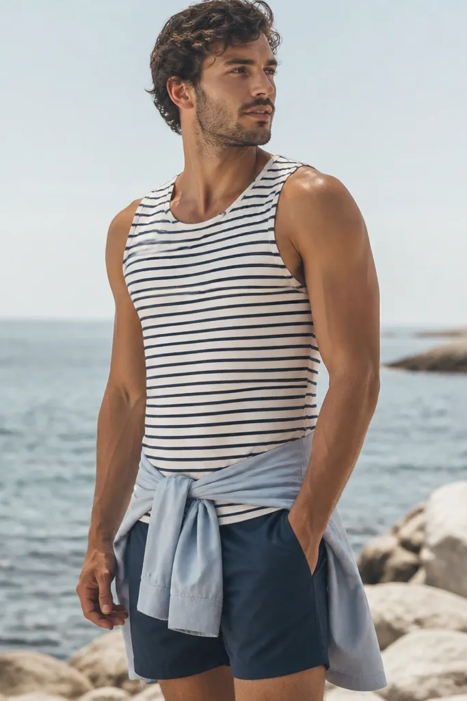 A man wearing a striped tank with solid swim shorts and a lightweight hoodie tied at the waist. The hoodie fabric looks quick-dry.