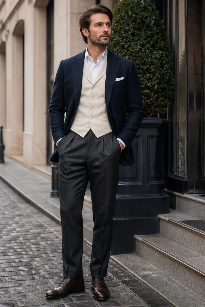 Navy suit jacket with charcoal trousers and a cream waistcoat