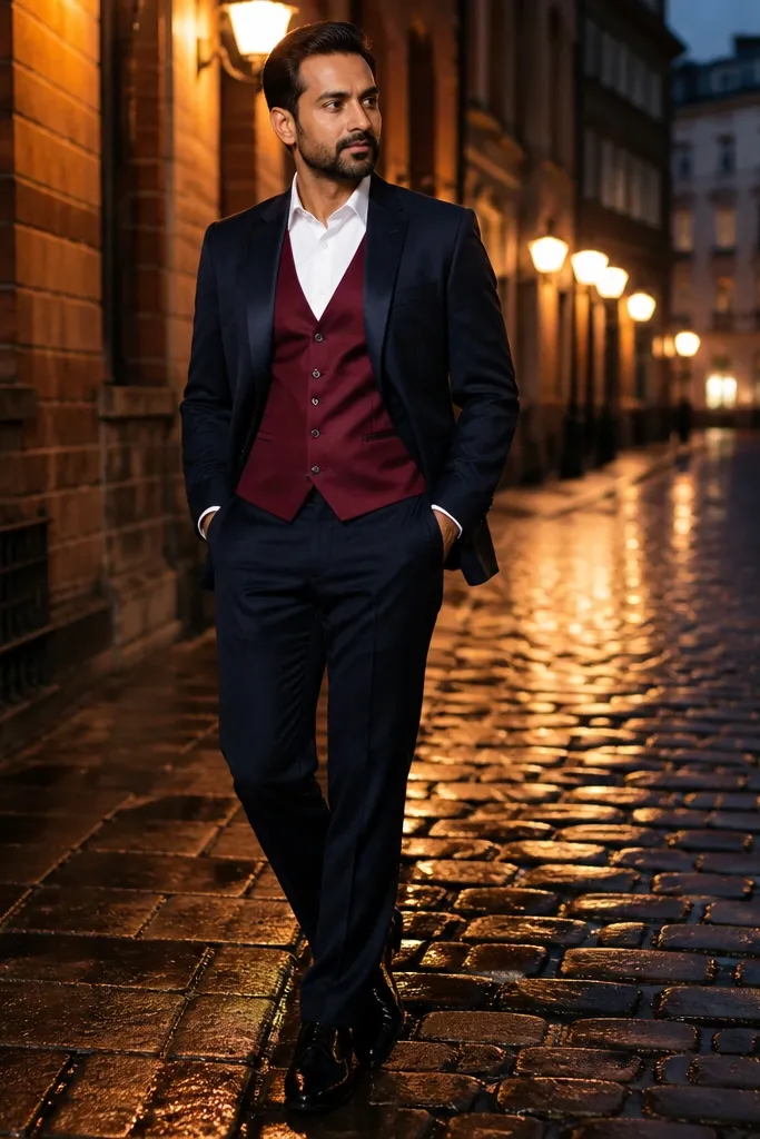 Navy suit jacket and trousers with a burgundy waistcoat