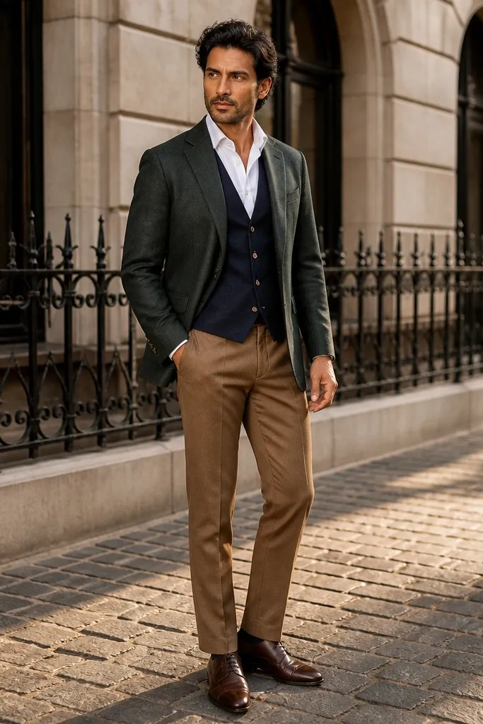 Deep green suit jacket with tan trousers and a navy waistcoat