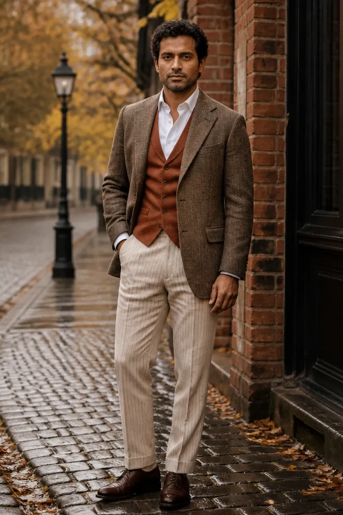Brown tweed jacket with cream trousers and a rust waistcoat