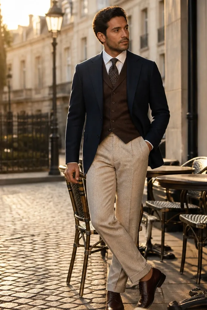 Navy jacket with light beige trousers and a dark brown waistcoat