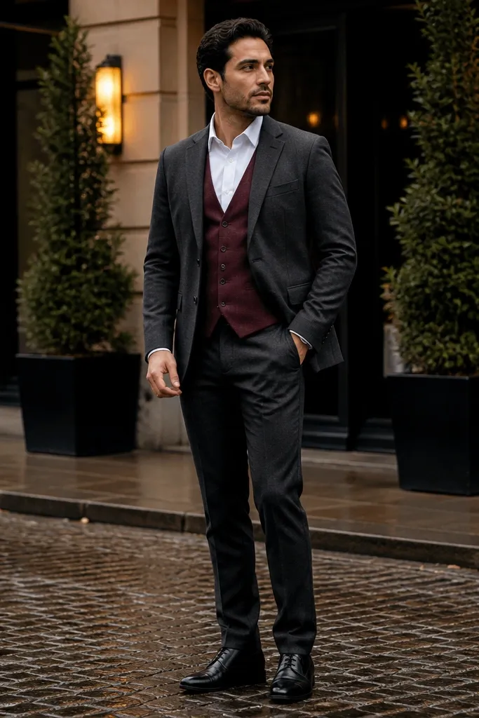 Charcoal suit jacket and trousers with a burgundy waistcoat