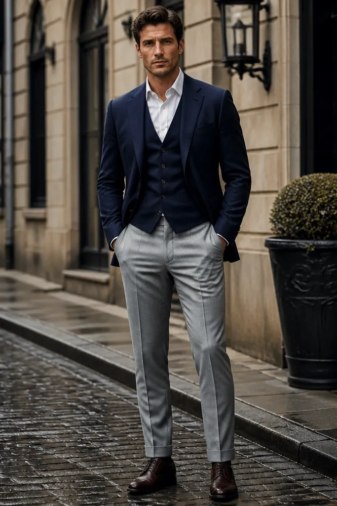 Navy suit jacket with gray trousers and a navy waistcoat