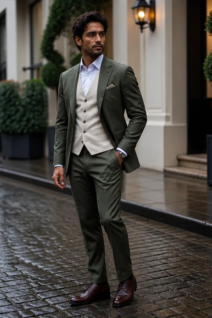 Olive suit jacket with olive trousers and a cream waistcoat