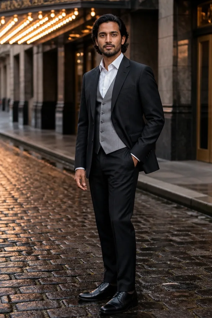 Black suit jacket and trousers with a gray waistcoat