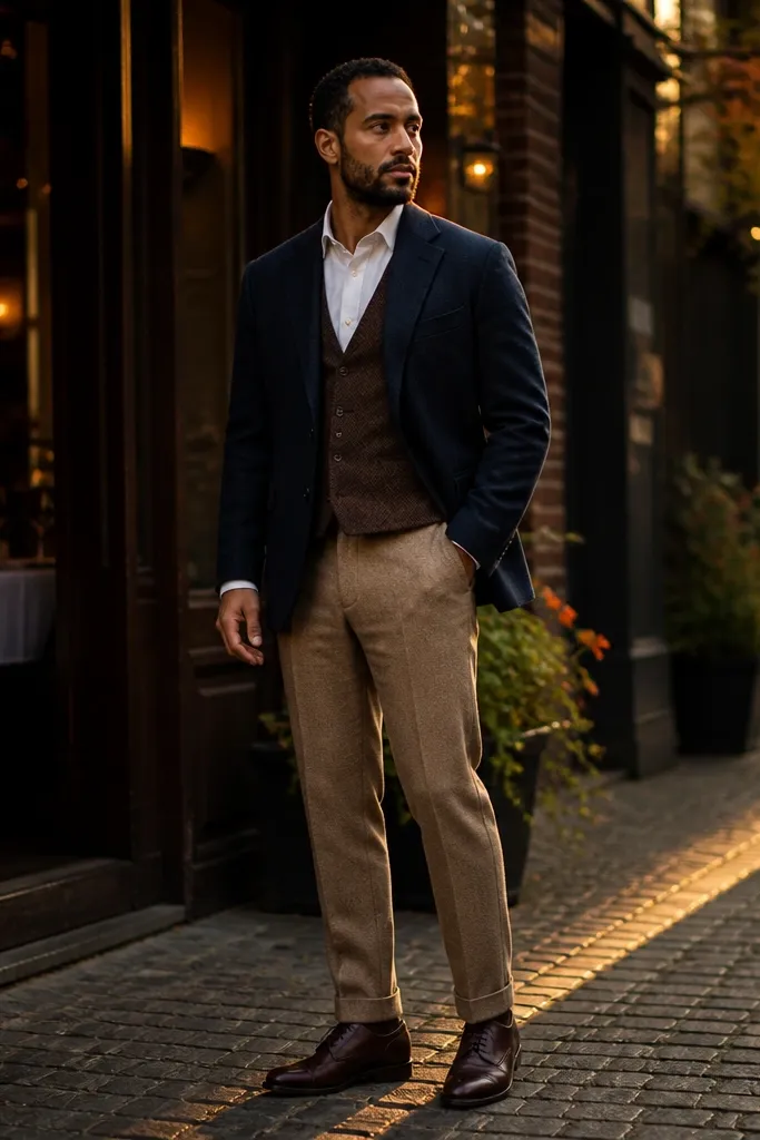 Midnight blue jacket with tan trousers and a chocolate brown waistcoat