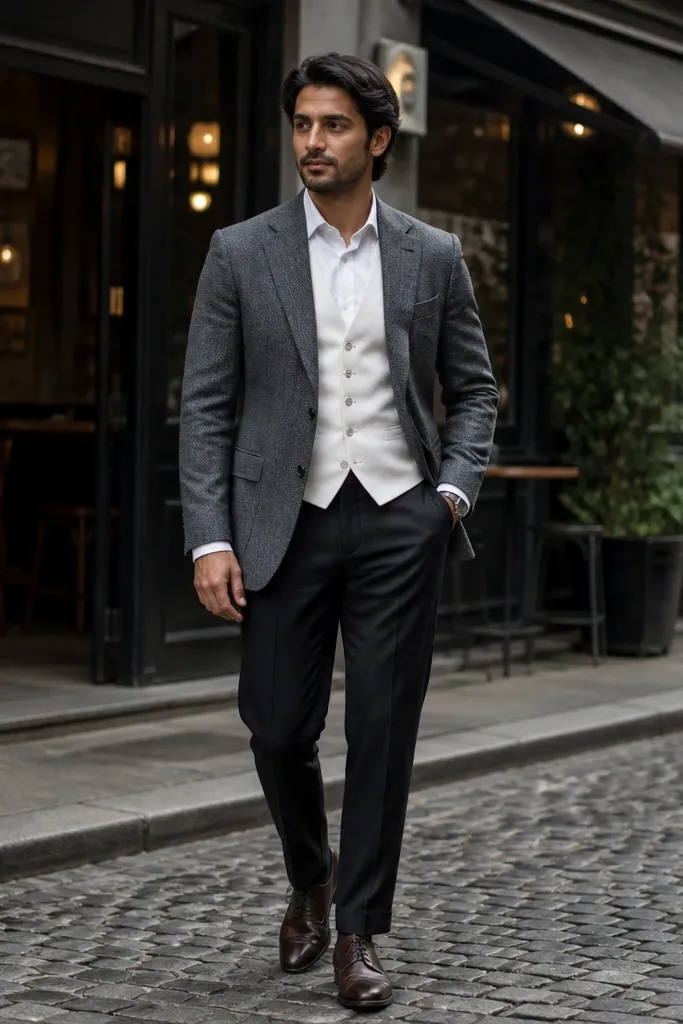 Steel gray jacket with black trousers and an off-white waistcoat
