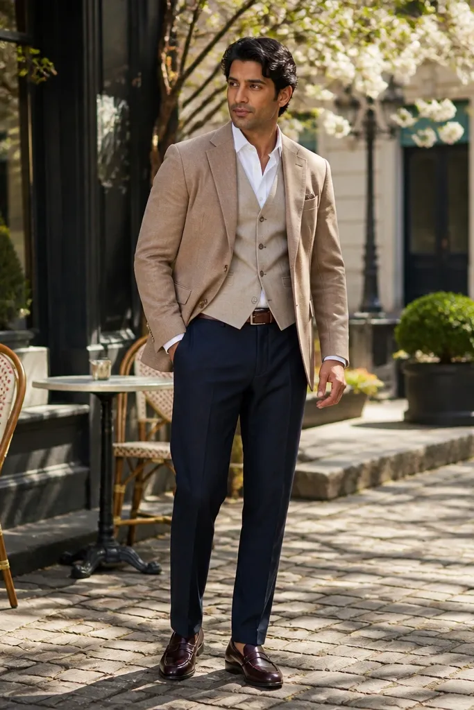 Sand brown jacket with navy trousers and a sand waistcoat