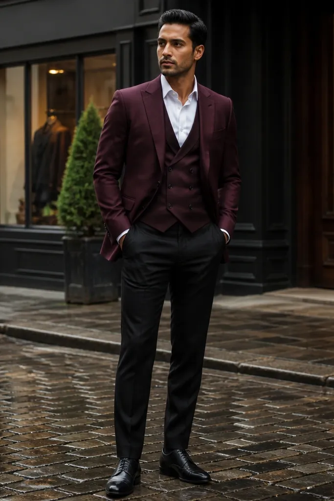 Deep burgundy suit jacket with black trousers and a burgundy waistcoat