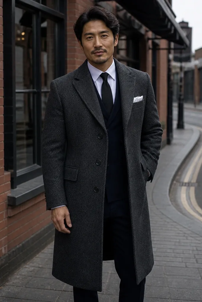 Charcoal long coat over navy three-piece suit with black tie and black leather shoes