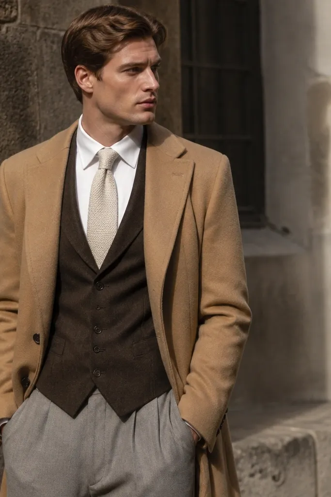 Camel long coat over chocolate waistcoat with cream knit tie and dark brown shoes
