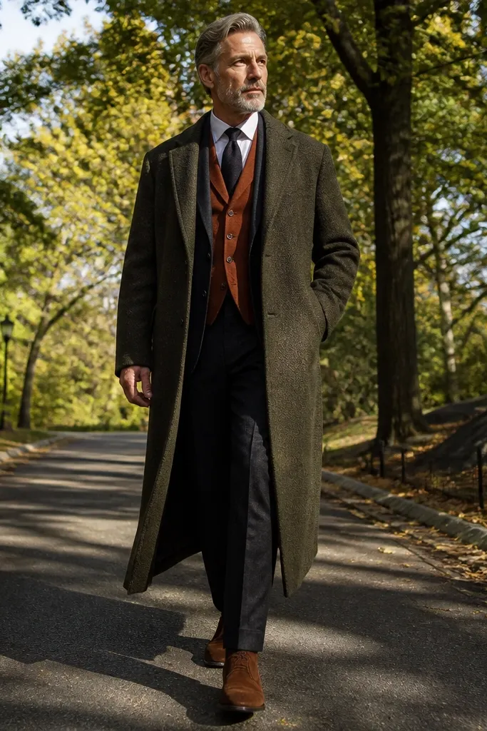 Olive long coat over rust waistcoat with dark trousers and brown suede shoes