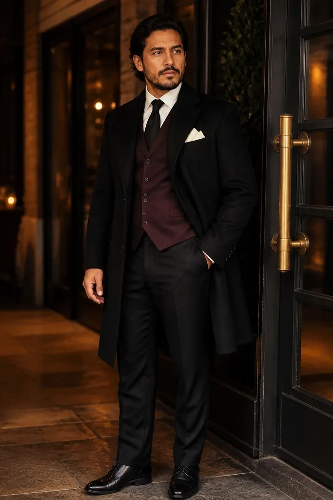 Black long coat over burgundy waistcoat with black suit and white pocket square