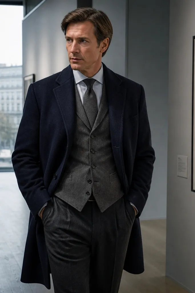 Navy long coat over gray waistcoat with tonal wool tie and dark navy trousers