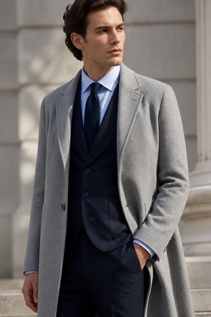 Light gray long coat over navy waistcoat with navy knit tie and black shoes