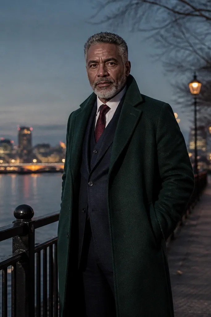 Deep green long coat over dark navy suit with burgundy tie and dark leather shoes