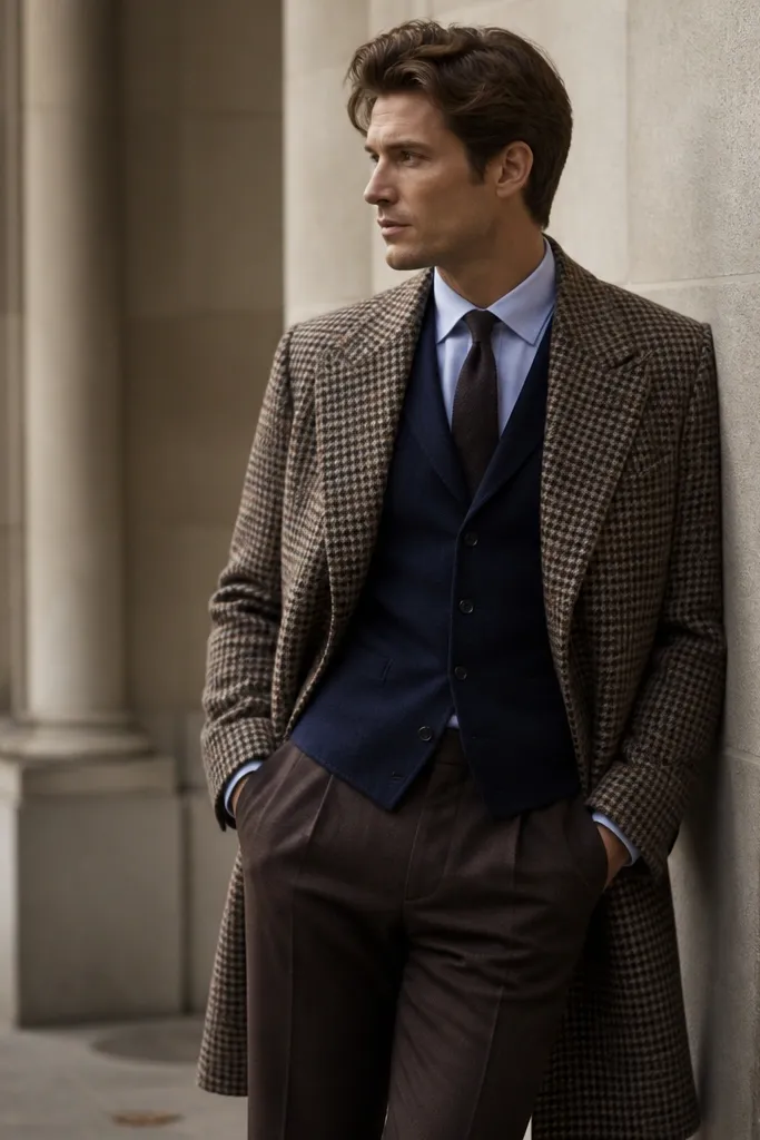 Brown check long coat over solid navy waistcoat with dark brown trousers and brown leather shoes
