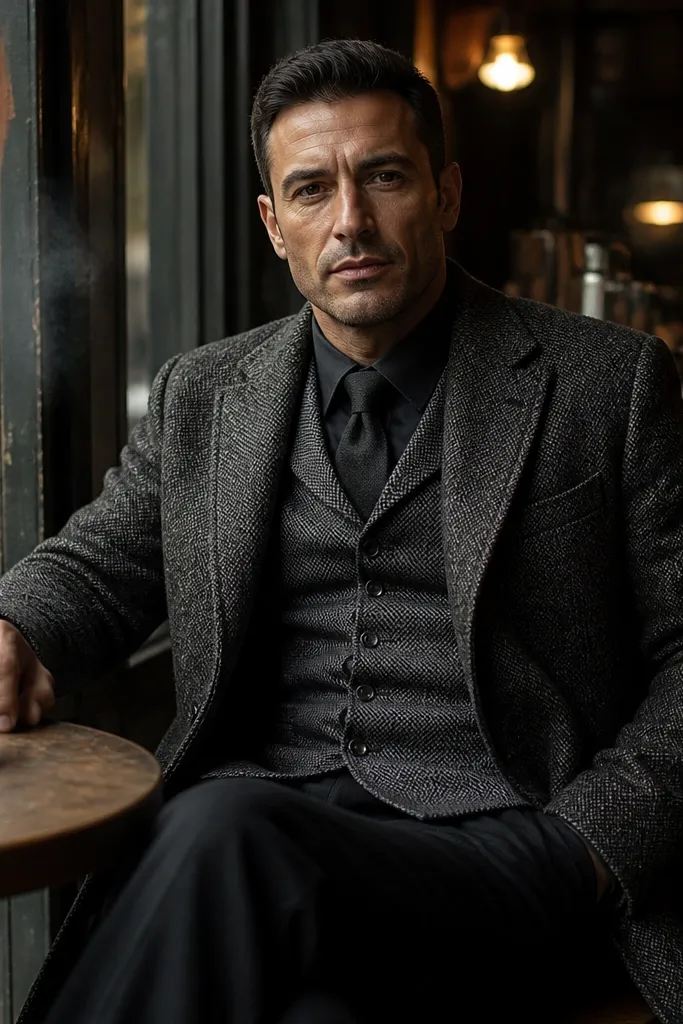 Tweed long coat over charcoal waistcoat with black trousers and black boots