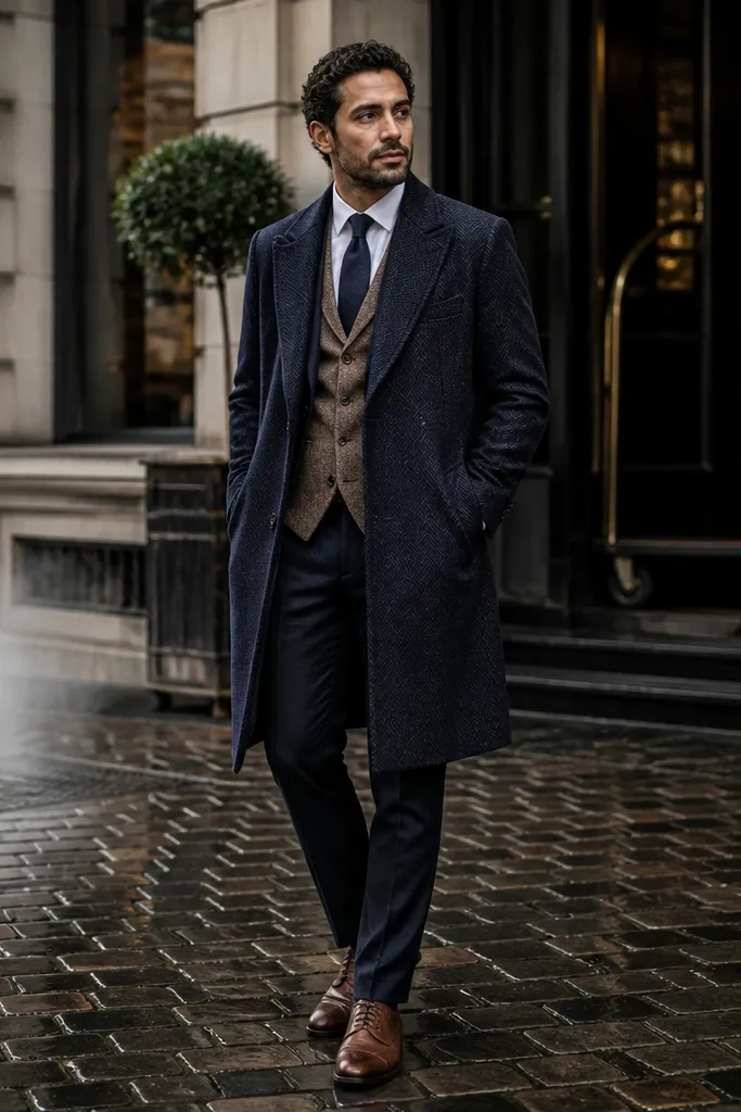Navy herringbone long coat over tan waistcoat with navy tie and brown shoes