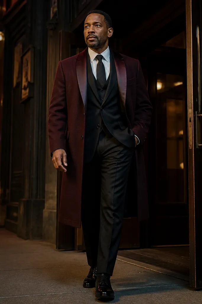 Burgundy long coat over black waistcoat with black suit and black leather shoes