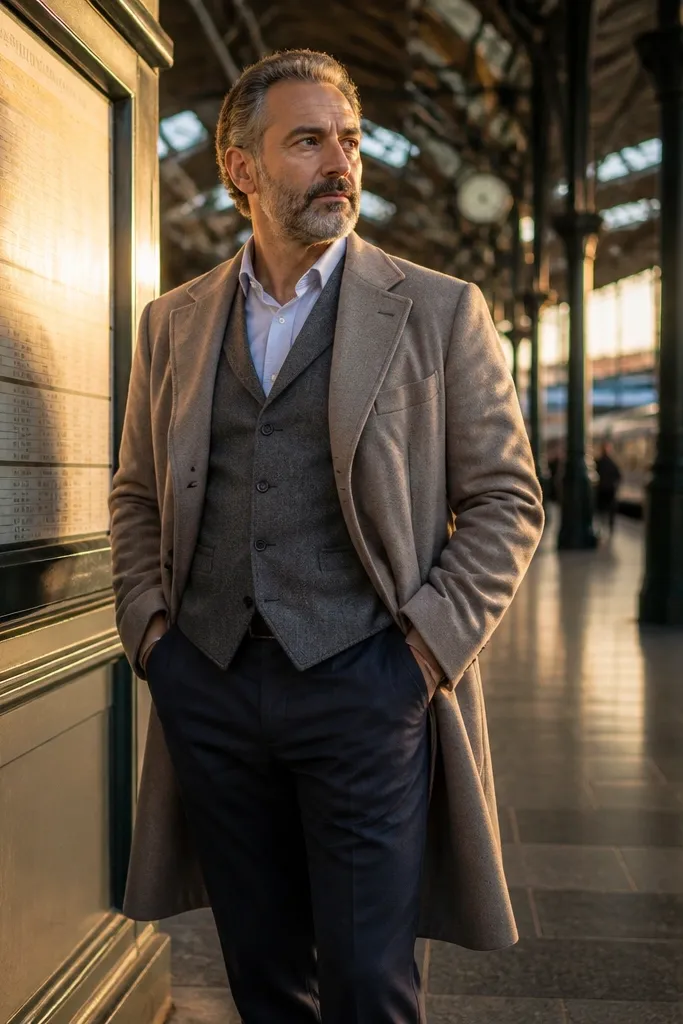 Stone long coat over gray waistcoat with navy trousers and dark brown shoes