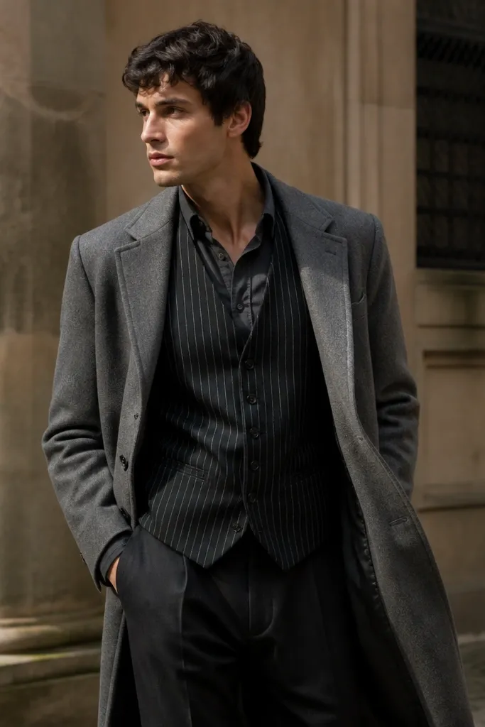 Gray long coat over striped black charcoal waistcoat with solid charcoal trousers