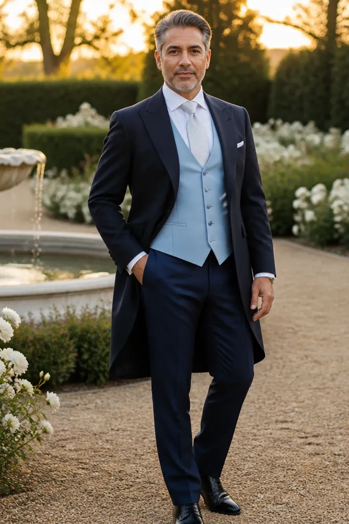 Navy long coat over light blue waistcoat with dark navy suit and white tie